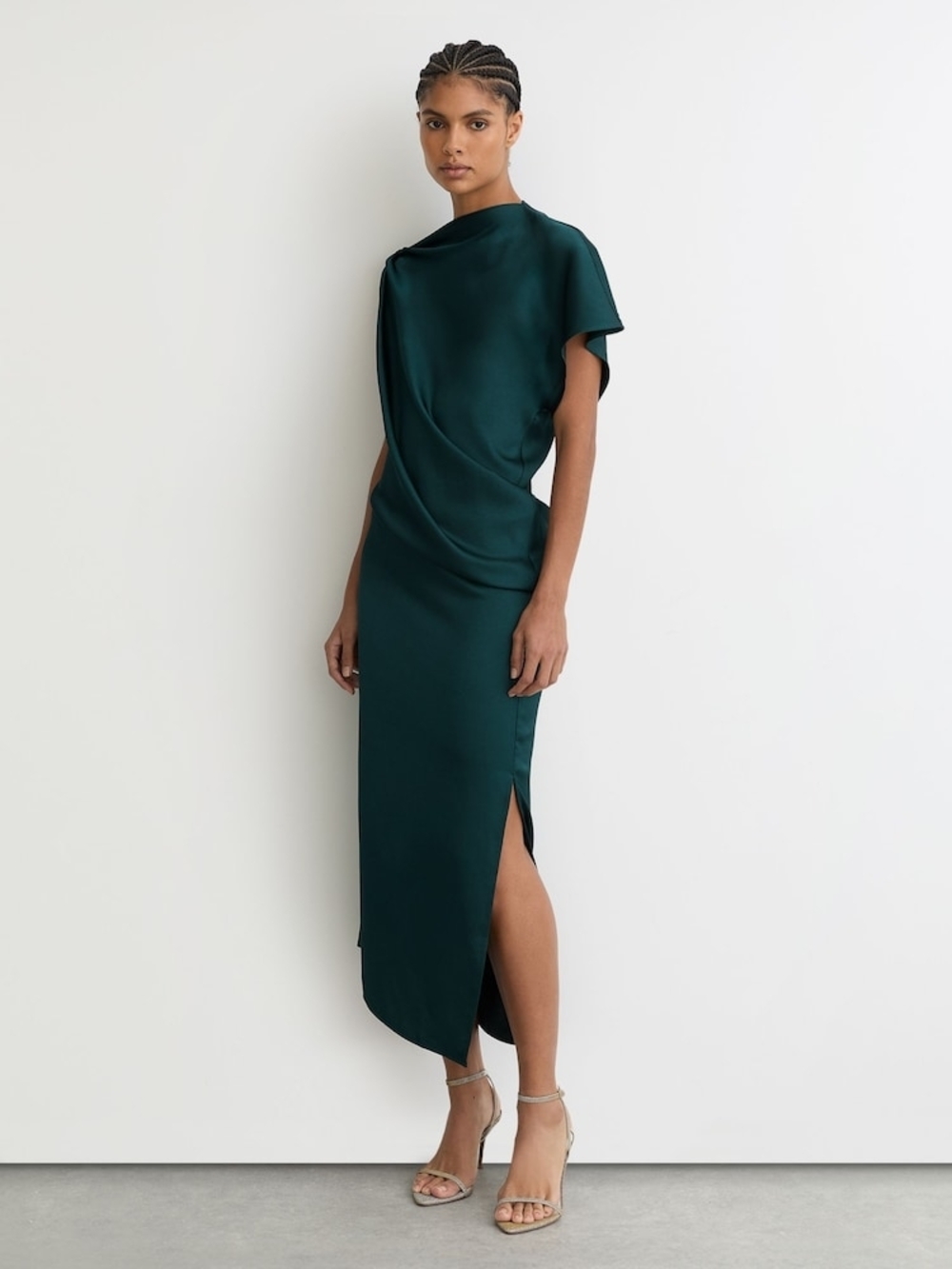 Reiss - Kenzie Drape Midi Dress - Asymmetric One-Shoulder Teal Green